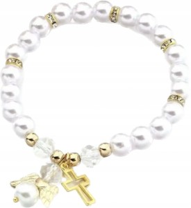 Bransoletka z perełek biała aniołek krzyżyk 41