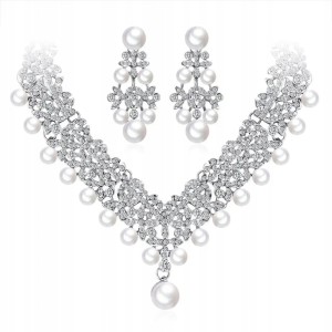 Komplet biżuterii ślubnej naszyjnik kolczyki kolia perełki biały zestaw 54