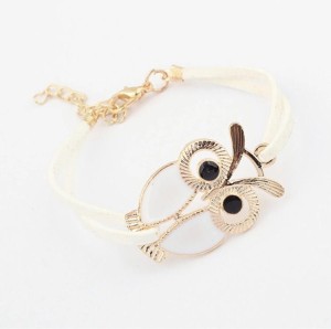 Biała bransoletka sowa na rzemyku prezent sowy 77