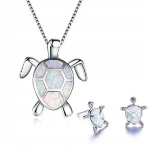 Komplet biżuterii biały żółw żółwie żółwik zestaw wisiorek kolczyki 34