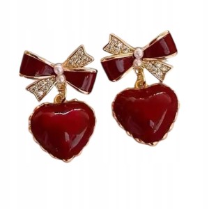 Świąteczne kolczyki wiszące czerwone srce kokarda eleganckie prezent 93
